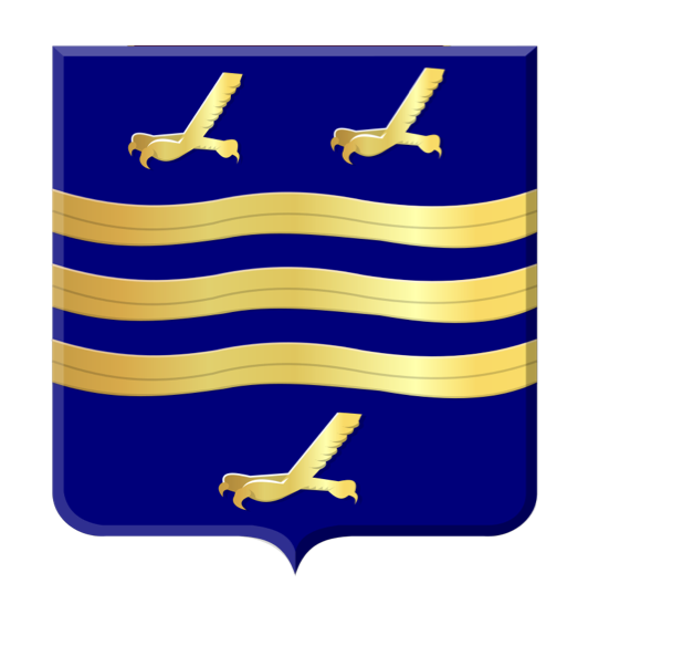 Het wapen van Dirksland uit 1816: drie gouden golvende balken en drie gouden vogelklauwen op een blauw veld.